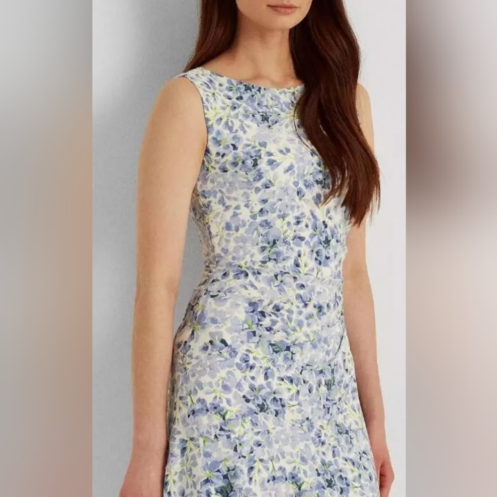 Ralph Lauren Blue and White Ruched Sheath Midi Dress